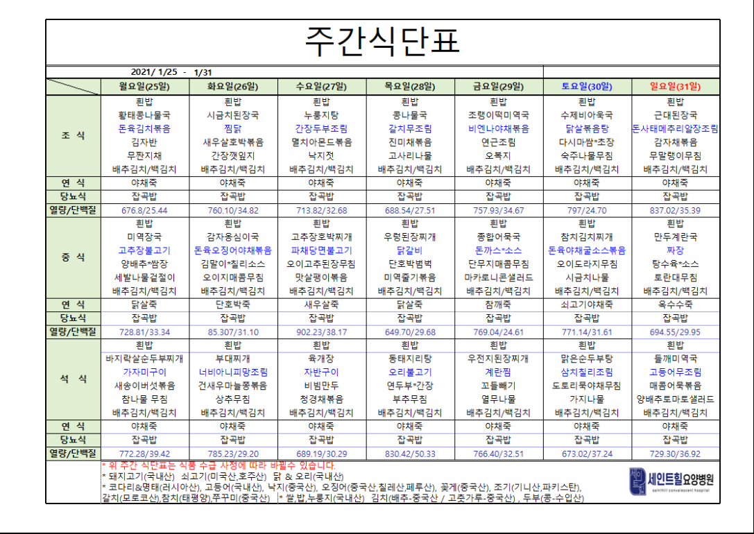 2021.01.25~2021.01.31 주간 식단표