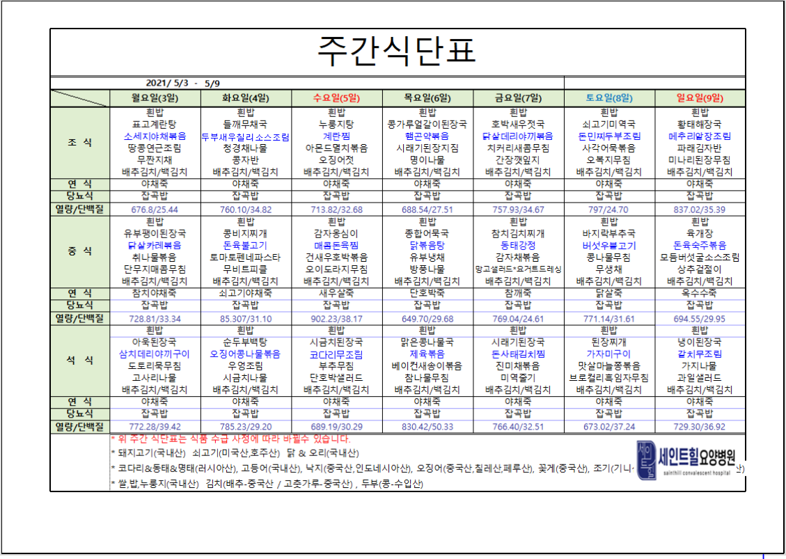 2021.05.03~2021.05.09 주간 식단표