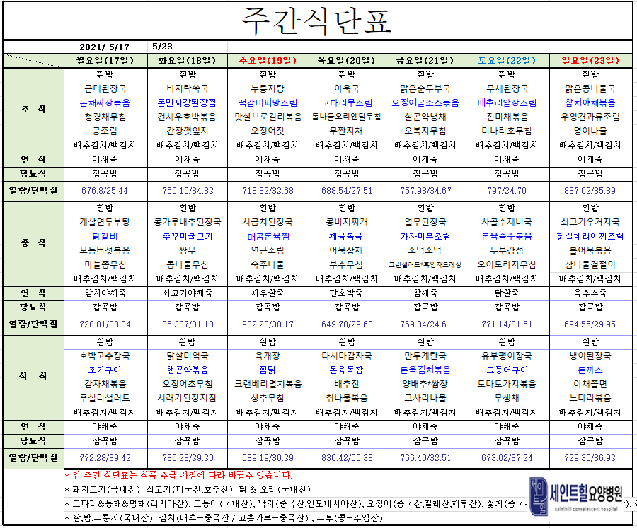 2021.05.17~2021.05.23 주간 식단표