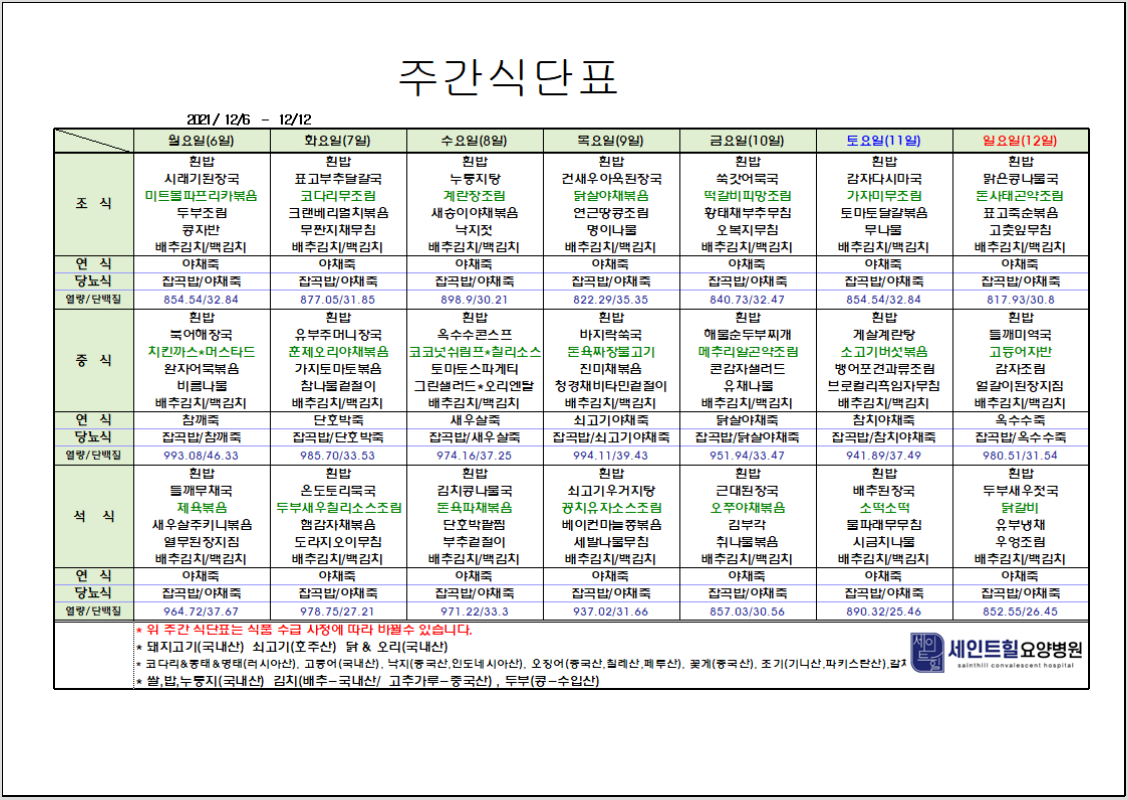 2021.12.06~2021.12.12주간식단표