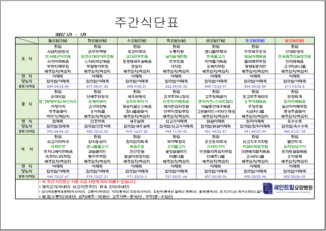 2022.01.03~2022.01.09주간식단표