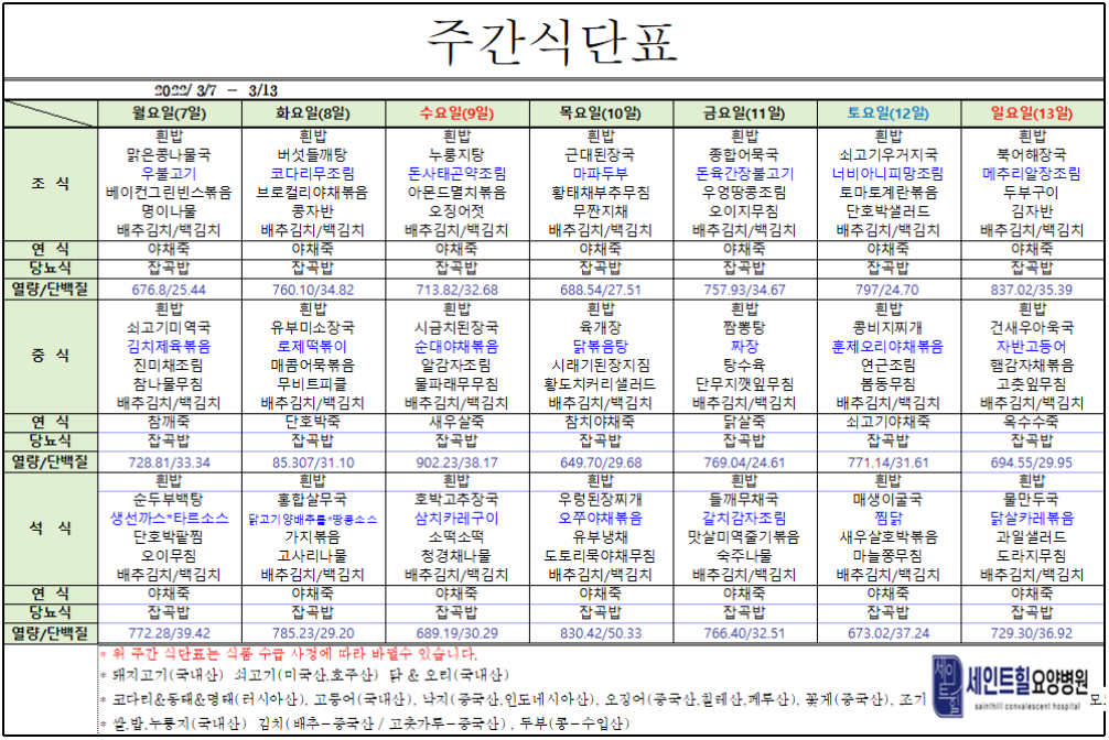 2022.03.07~2022.03.13주간식단표