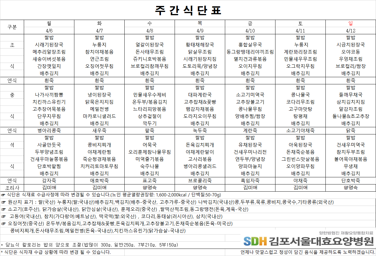 2026.4.6-2026.4.12 주간식단표