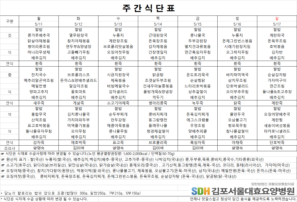2026.5.11-2026.5.17 주간식단표